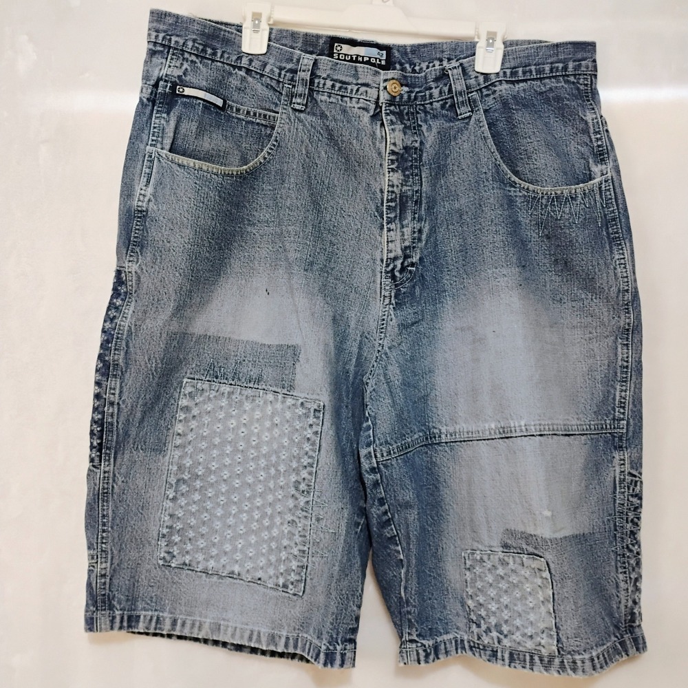 Vtg Y2K Southpole Baggy Patchwork Denim Shorts Jorts Men 42 Skater Flaws Stain V